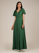 KissDress-Jasper Dark Green A Line Chiffon Cap Sleeves V Neck Long Bridesmaid Dress with Pleats
