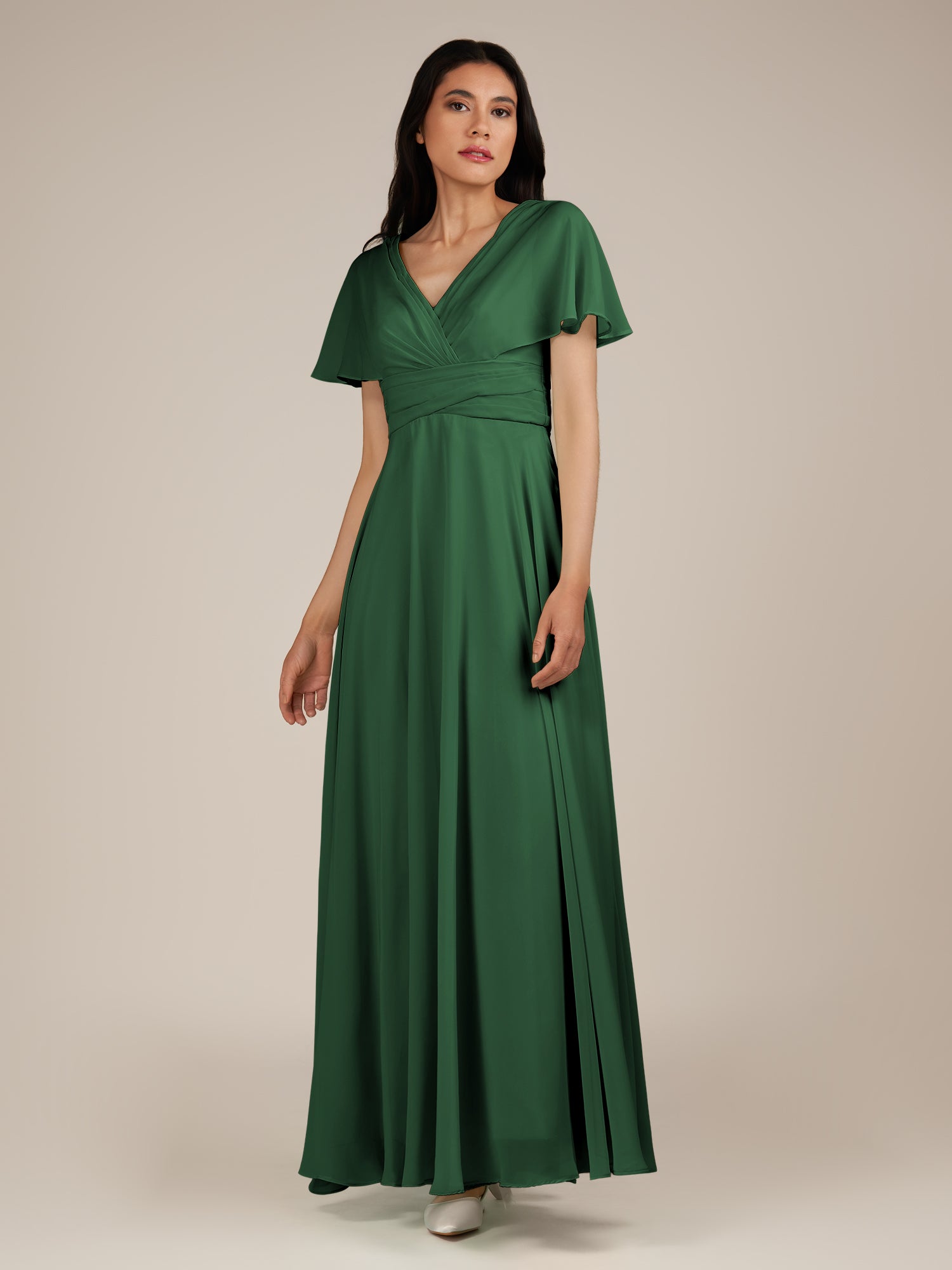 KissDress-Jasper Dark Green A Line Chiffon Cap Sleeves V Neck Long Bridesmaid Dress with Pleats