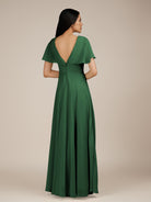 KissDress-Jasper Dark Green A Line Chiffon Cap Sleeves V Neck Long Bridesmaid Dress with Pleats