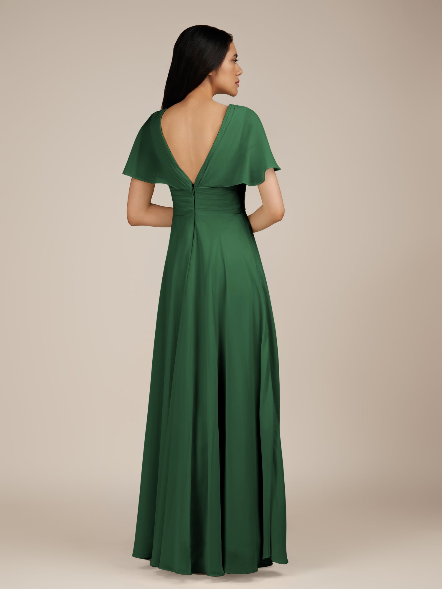 KissDress-Jasper Dark Green A Line Chiffon Cap Sleeves V Neck Long Bridesmaid Dress with Pleats