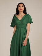 KissDress-Jasper Dark Green A Line Chiffon Cap Sleeves V Neck Long Bridesmaid Dress with Pleats