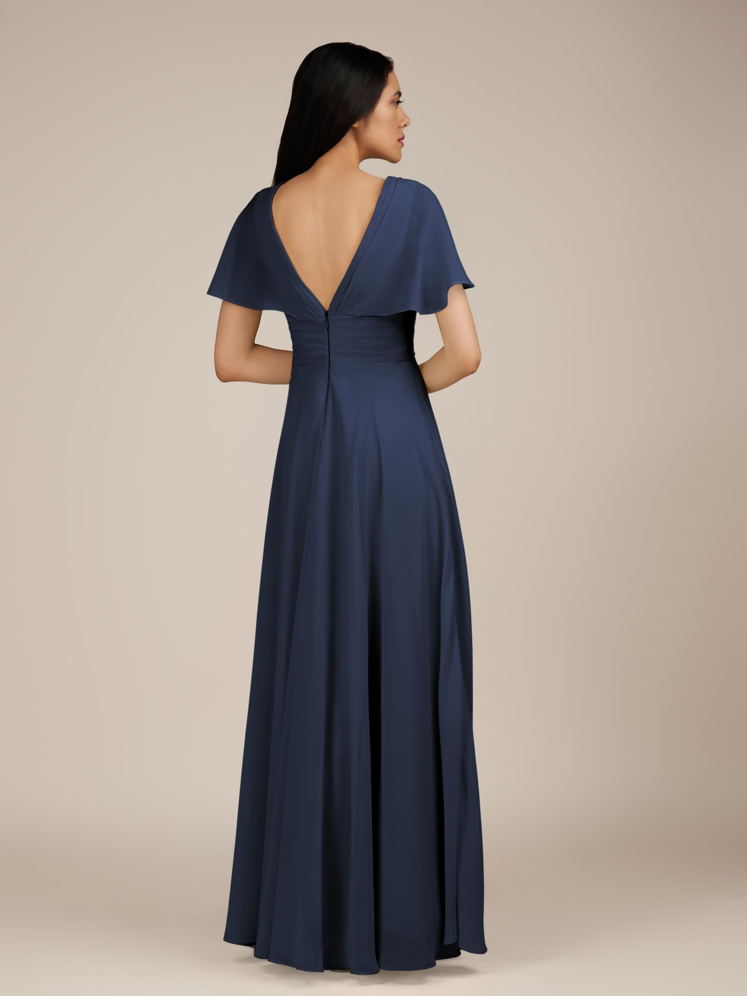 KissDress-Jasper Dark Navy A Line Chiffon Cap Sleeves V Neck Long Bridesmaid Dress with Pleats