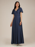 KissDress-Jasper Dark Navy A Line Chiffon Cap Sleeves V Neck Long Bridesmaid Dress with Pleats