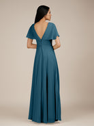 KissDress-Jasper Dark Teal A Line Chiffon Cap Sleeves V Neck Long Bridesmaid Dress with Pleats