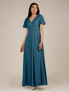 KissDress-Jasper Dark Teal A Line Chiffon Cap Sleeves V Neck Long Bridesmaid Dress with Pleats