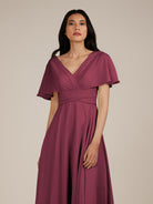 KissDress-Jasper Desert Rose A Line Chiffon Cap Sleeves V Neck Long Bridesmaid Dress with Pleats