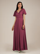 KissDress-Jasper Desert Rose A Line Chiffon Cap Sleeves V Neck Long Bridesmaid Dress with Pleats