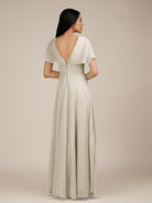 KissDress-Jasper Dove Gray A Line Chiffon Cap Sleeves V Neck Long Bridesmaid Dress with Pleats