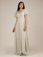 KissDress-Jasper Dove Gray A Line Chiffon Cap Sleeves V Neck Long Bridesmaid Dress with Pleats