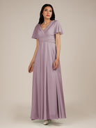 KissDress-Jasper Dusk A Line Chiffon Cap Sleeves V Neck Long Bridesmaid Dress with Pleats