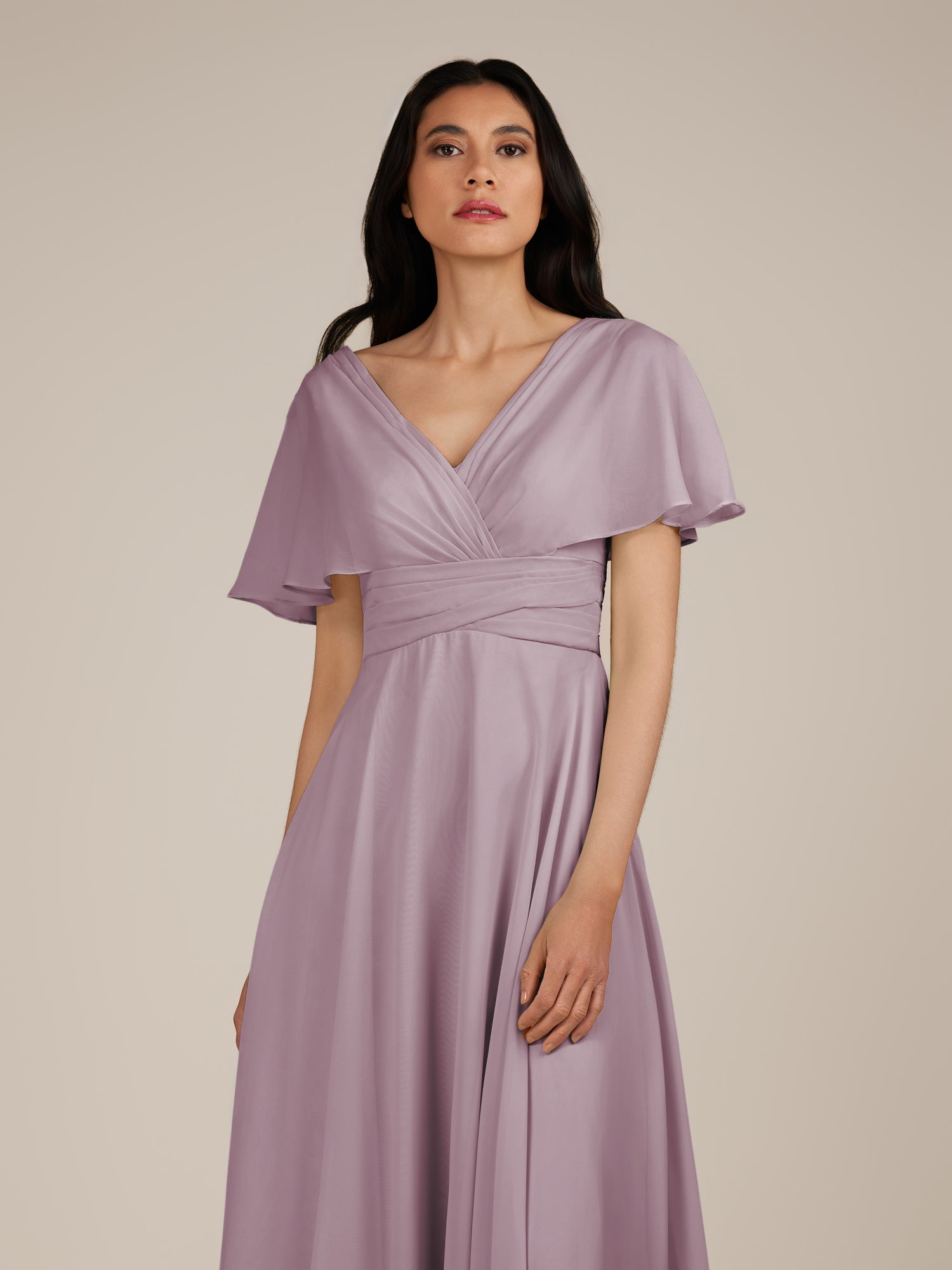 KissDress-Jasper Dusk A Line Chiffon Cap Sleeves V Neck Long Bridesmaid Dress with Pleats