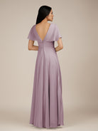 KissDress-Jasper Dusk A Line Chiffon Cap Sleeves V Neck Long Bridesmaid Dress with Pleats
