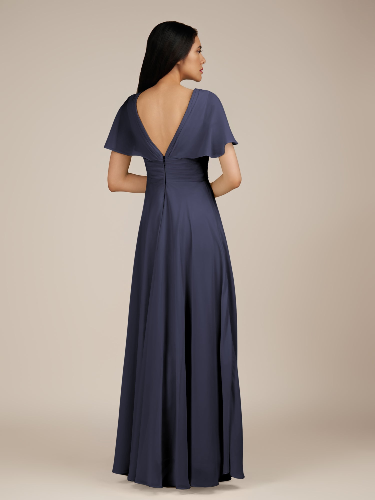 KissDress-Jasper Dusk Blue A Line Chiffon Cap Sleeves V Neck Long Bridesmaid Dress with Pleats