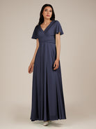 KissDress-Jasper Dusk Blue A Line Chiffon Cap Sleeves V Neck Long Bridesmaid Dress with Pleats