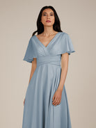 KissDress-Jasper Dusty Blue A Line Chiffon Cap Sleeves V Neck Long Bridesmaid Dress with Pleats