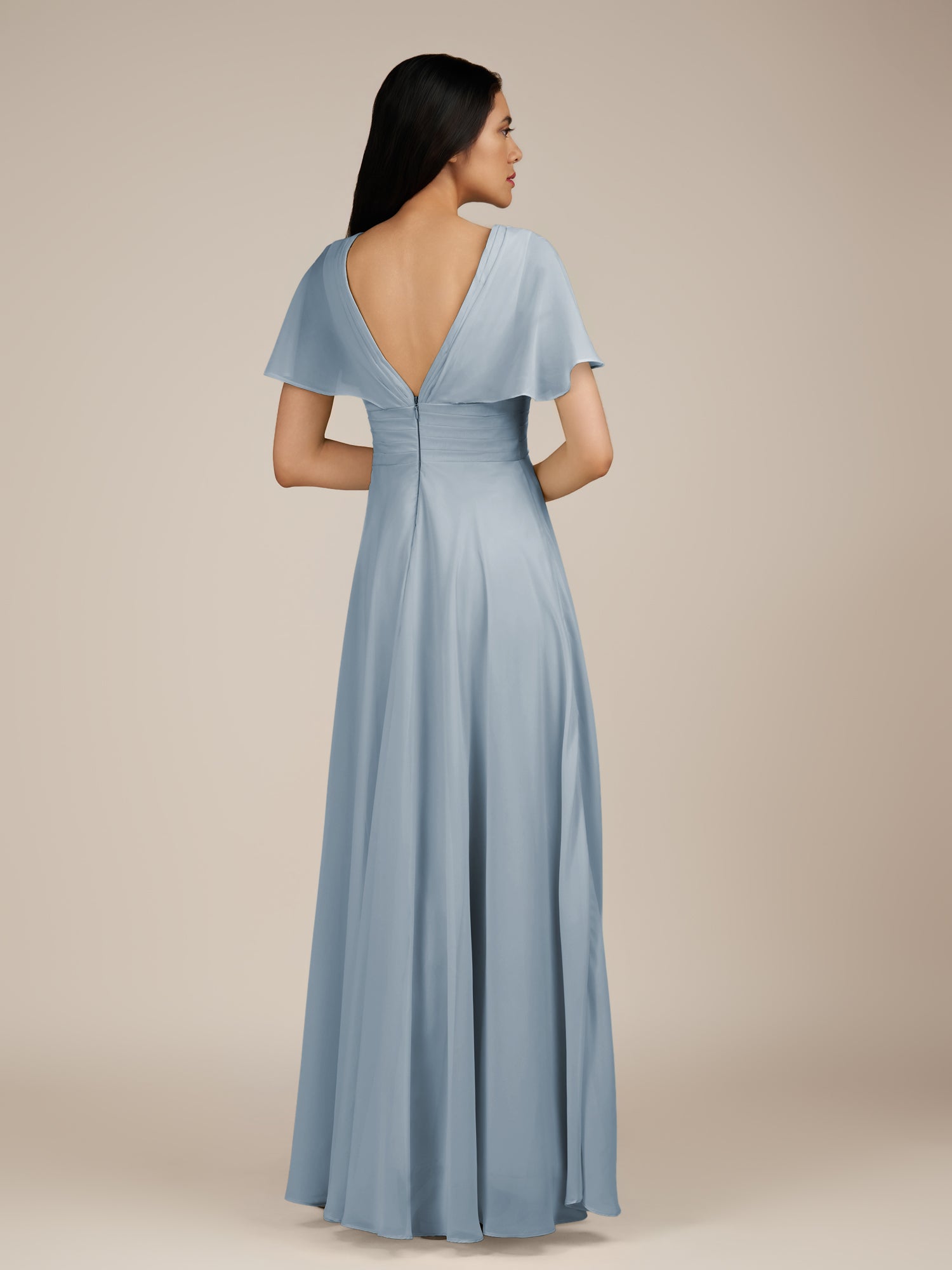KissDress-Jasper Dusty Blue A Line Chiffon Cap Sleeves V Neck Long Bridesmaid Dress with Pleats