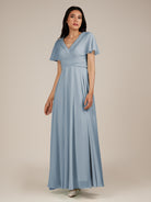 KissDress-Jasper Dusty Blue A Line Chiffon Cap Sleeves V Neck Long Bridesmaid Dress with Pleats