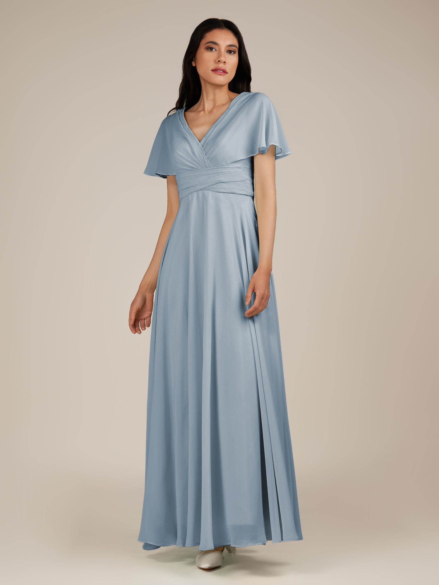 KissDress-Jasper Dusty Blue A Line Chiffon Cap Sleeves V Neck Long Bridesmaid Dress with Pleats