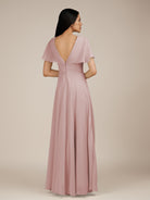 KissDress-Jasper Dusty Rose A Line Chiffon Cap Sleeves V Neck Long Bridesmaid Dress with Pleats