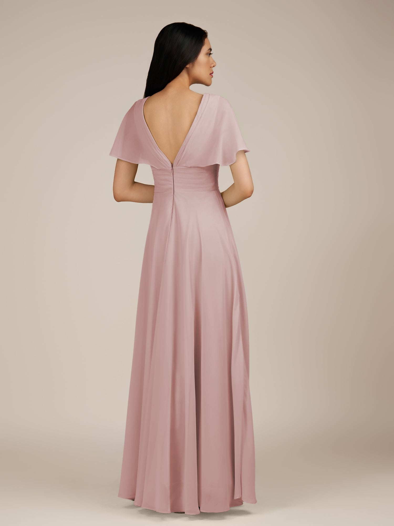 KissDress-Jasper Dusty Rose A Line Chiffon Cap Sleeves V Neck Long Bridesmaid Dress with Pleats
