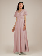 KissDress-Jasper Dusty Rose A Line Chiffon Cap Sleeves V Neck Long Bridesmaid Dress with Pleats