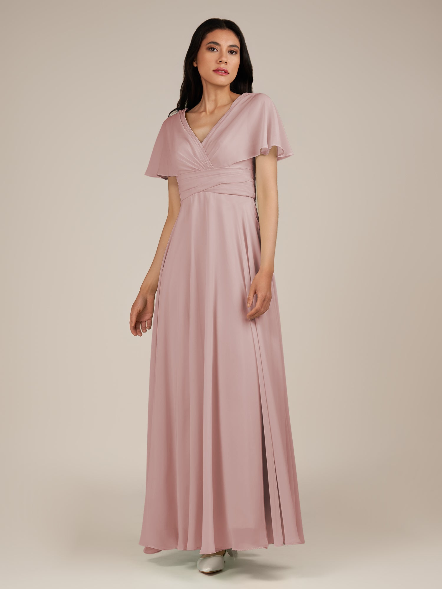 KissDress-Jasper Dusty Rose A Line Chiffon Cap Sleeves V Neck Long Bridesmaid Dress with Pleats