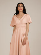 KissDress-Jasper English Rose A Line Chiffon Cap Sleeves V Neck Long Bridesmaid Dress with Pleats