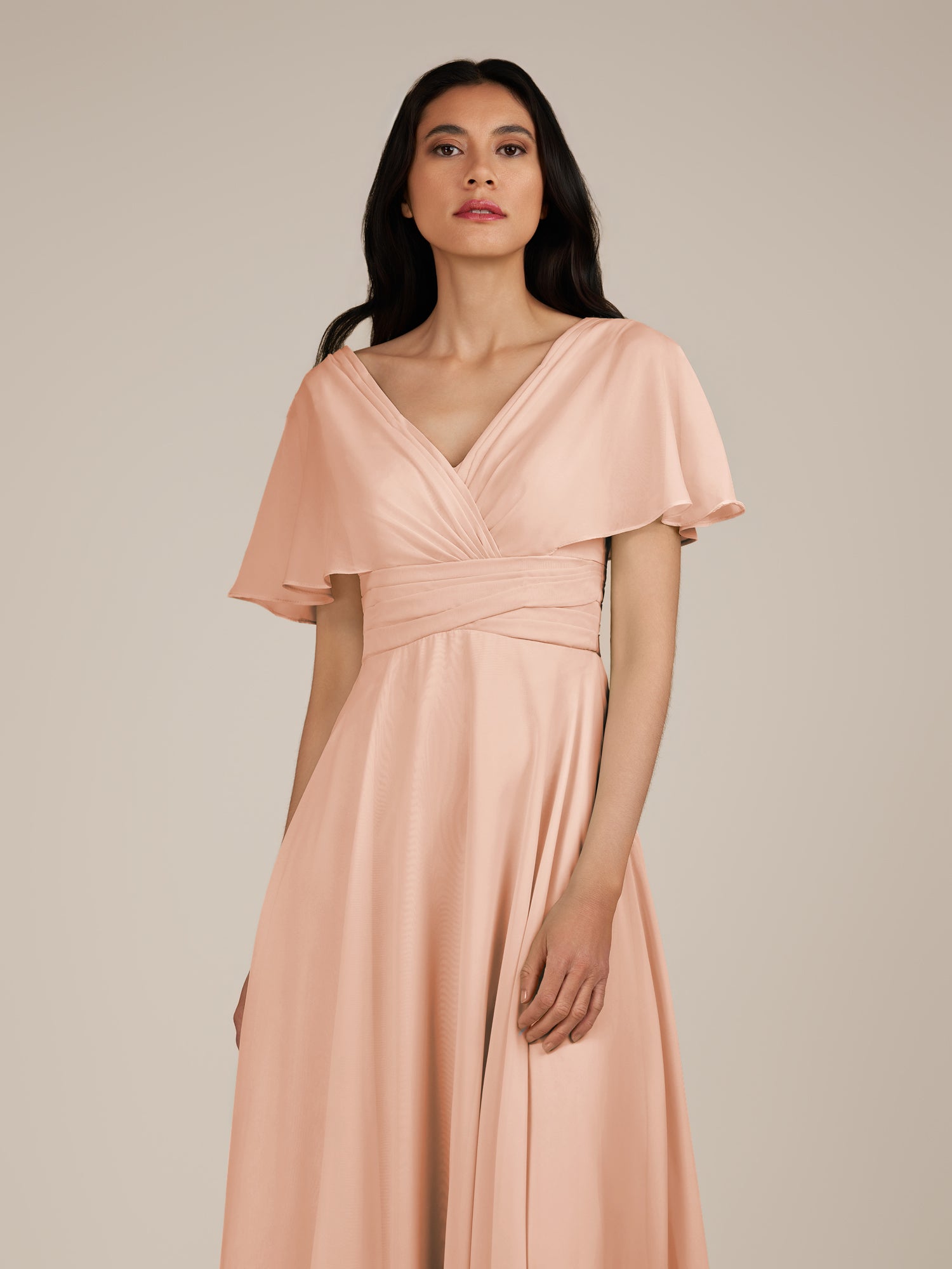 KissDress-Jasper English Rose A Line Chiffon Cap Sleeves V Neck Long Bridesmaid Dress with Pleats