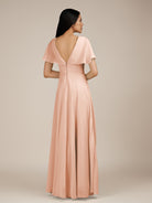 KissDress-Jasper English Rose A Line Chiffon Cap Sleeves V Neck Long Bridesmaid Dress with Pleats