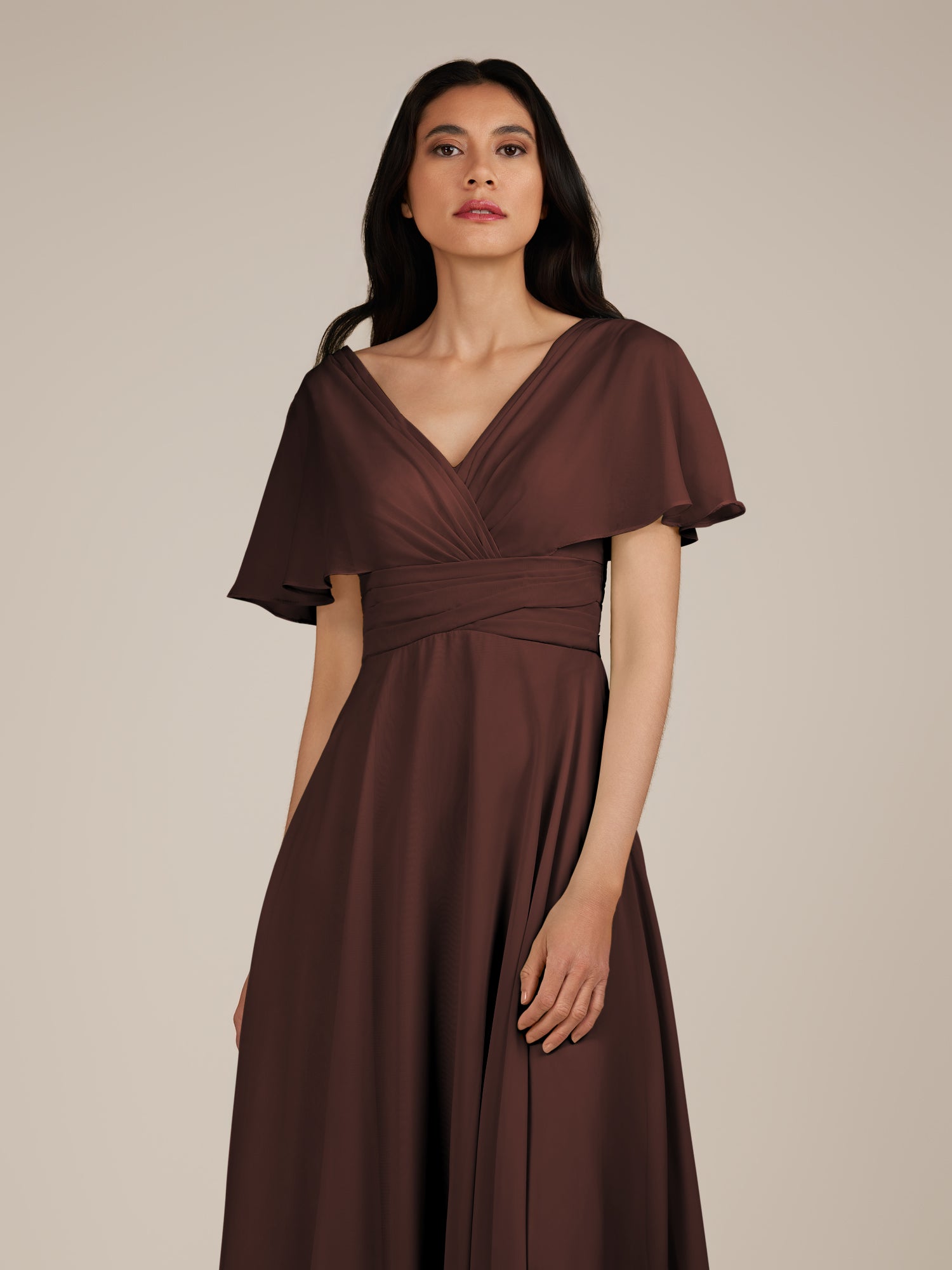 KissDress-Jasper Espresso A Line Chiffon Cap Sleeves V Neck Long Bridesmaid Dress with Pleats