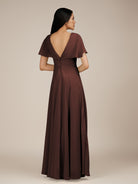 KissDress-Jasper Espresso A Line Chiffon Cap Sleeves V Neck Long Bridesmaid Dress with Pleats