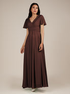 KissDress-Jasper Espresso A Line Chiffon Cap Sleeves V Neck Long Bridesmaid Dress with Pleats