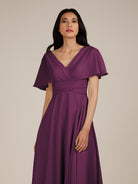KissDress-Jasper Fig A Line Chiffon Cap Sleeves V Neck Long Bridesmaid Dress with Pleats