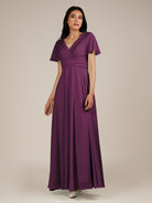 KissDress-Jasper Fig A Line Chiffon Cap Sleeves V Neck Long Bridesmaid Dress with Pleats