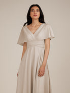 KissDress-Jasper Frost A Line Chiffon Cap Sleeves V Neck Long Bridesmaid Dress with Pleats