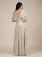 KissDress-Jasper Frost A Line Chiffon Cap Sleeves V Neck Long Bridesmaid Dress with Pleats