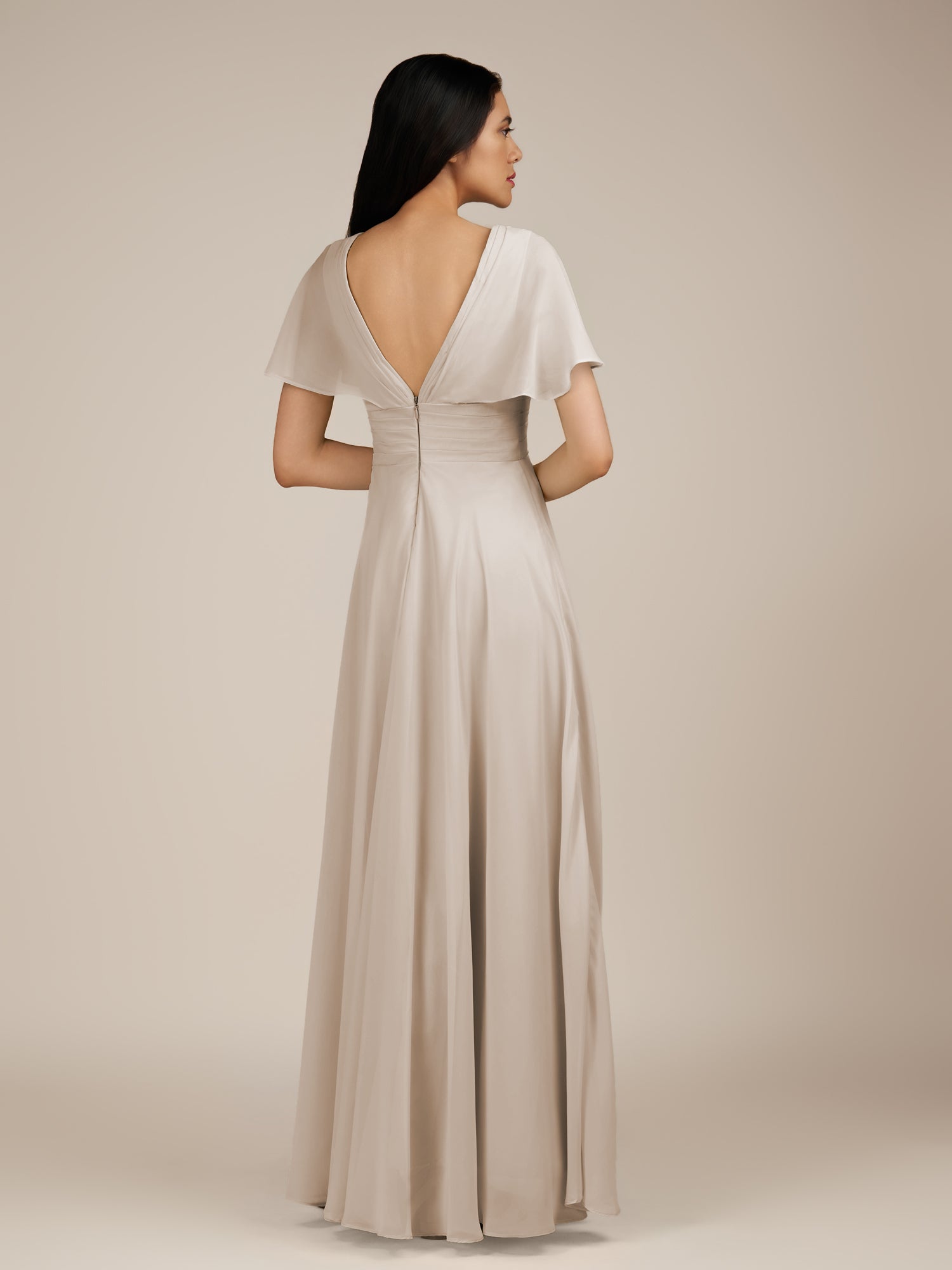 KissDress-Jasper Frost A Line Chiffon Cap Sleeves V Neck Long Bridesmaid Dress with Pleats