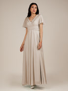 KissDress-Jasper Frost A Line Chiffon Cap Sleeves V Neck Long Bridesmaid Dress with Pleats