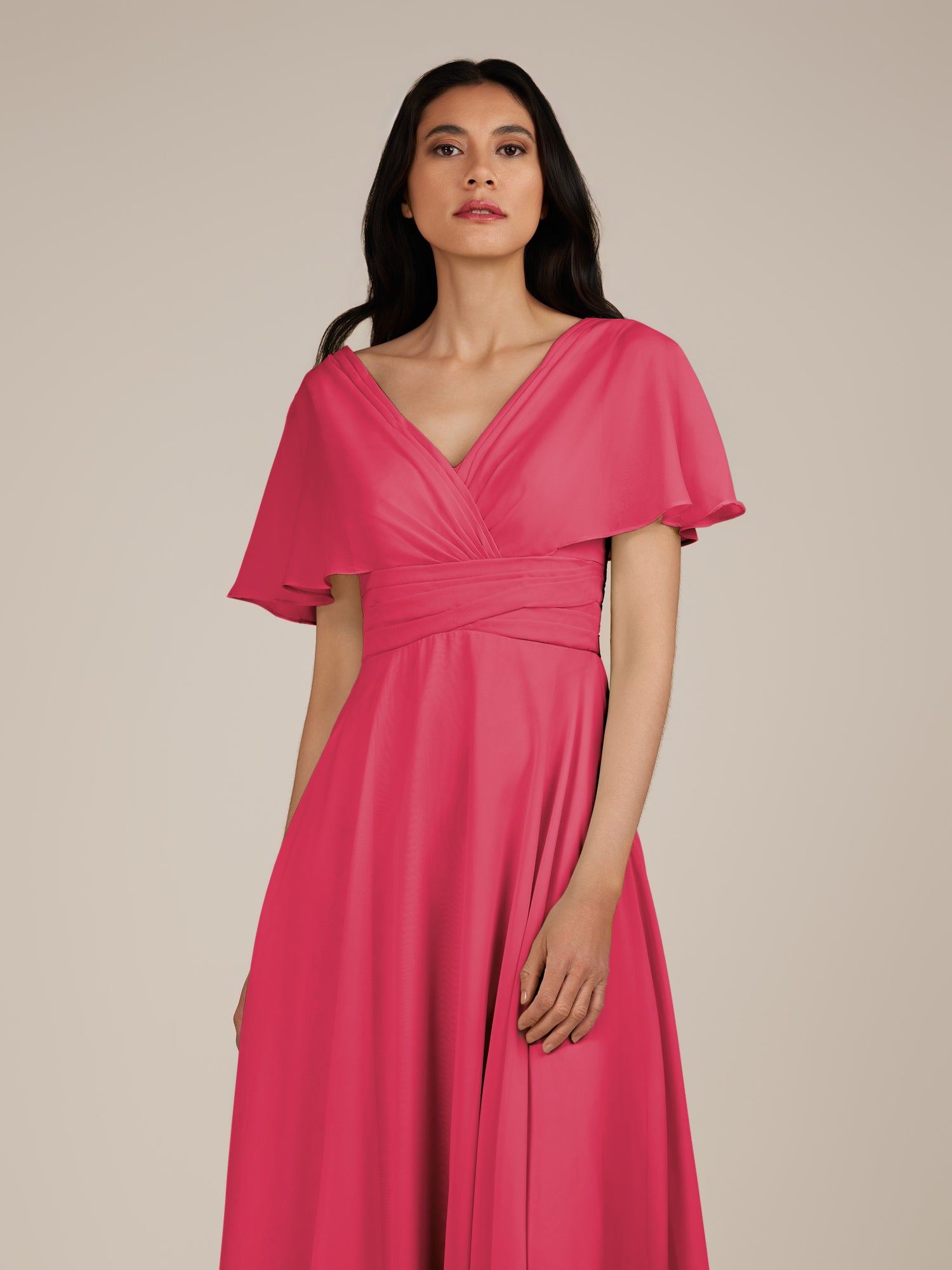 KissDress-Jasper Fuchsia A Line Chiffon Cap Sleeves V Neck Long Bridesmaid Dress with Pleats