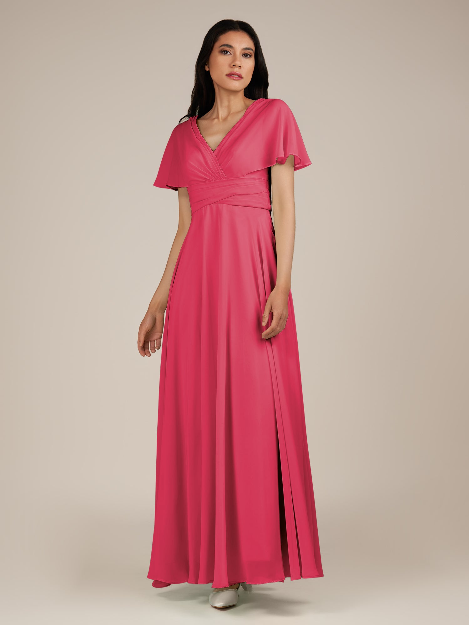 KissDress-Jasper Fuchsia A Line Chiffon Cap Sleeves V Neck Long Bridesmaid Dress with Pleats