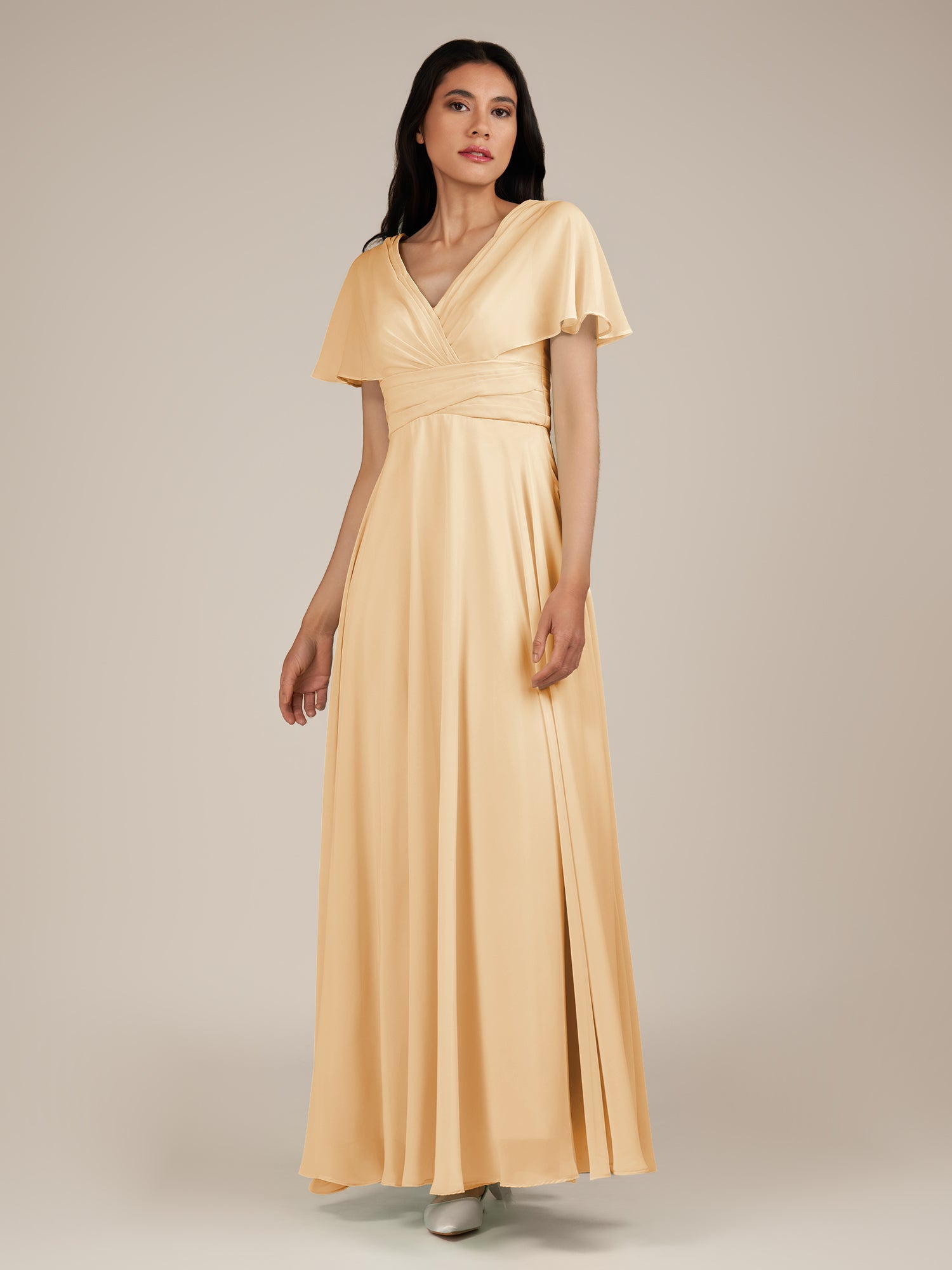 KissDress-Jasper Golden Champagne A Line Chiffon Cap Sleeves V Neck Long Bridesmaid Dress with Pleats