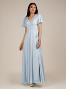 KissDress-Jasper Ice A Line Chiffon Cap Sleeves V Neck Long Bridesmaid Dress with Pleats