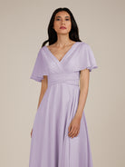 KissDress-Jasper Lavender A Line Chiffon Cap Sleeves V Neck Long Bridesmaid Dress with Pleats