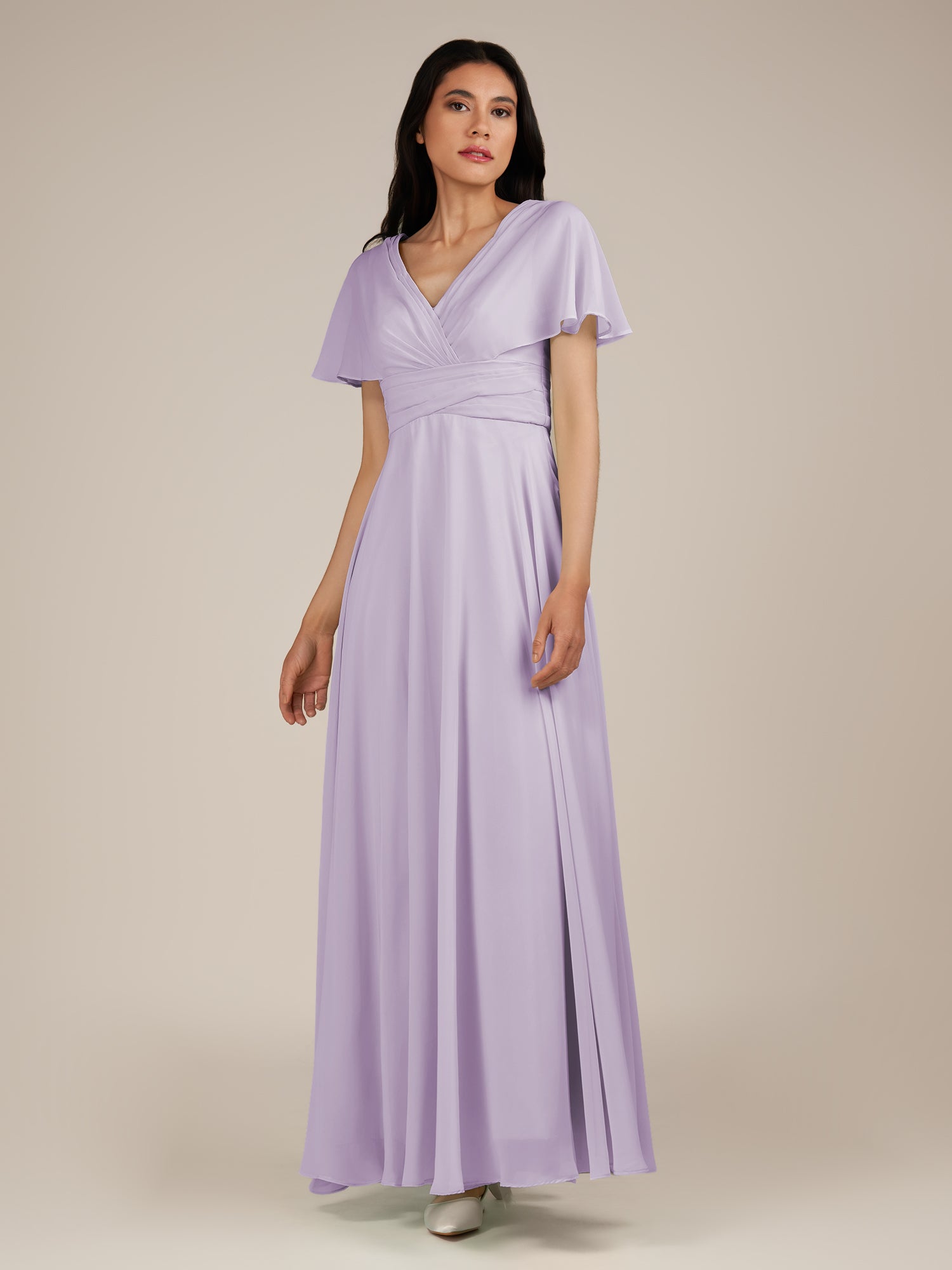 KissDress-Jasper Lavender A Line Chiffon Cap Sleeves V Neck Long Bridesmaid Dress with Pleats