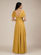 KissDress-Jasper Marigold A Line Chiffon Cap Sleeves V Neck Long Bridesmaid Dress with Pleats