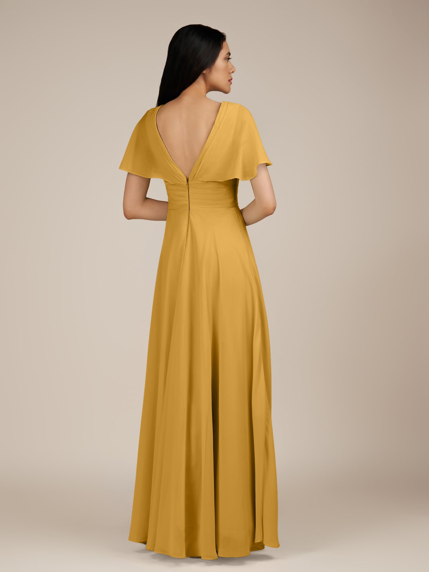 KissDress-Jasper Marigold A Line Chiffon Cap Sleeves V Neck Long Bridesmaid Dress with Pleats