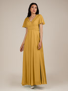KissDress-Jasper Marigold A Line Chiffon Cap Sleeves V Neck Long Bridesmaid Dress with Pleats
