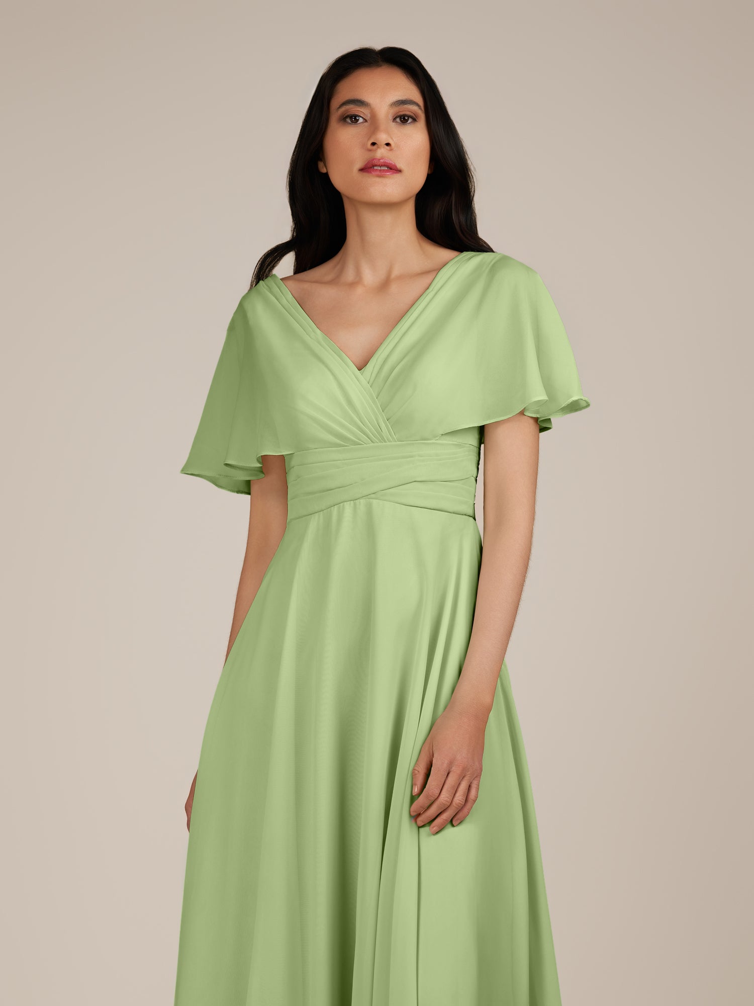 KissDress-Jasper Matcha A Line Chiffon Cap Sleeves V Neck Long Bridesmaid Dress with Pleats