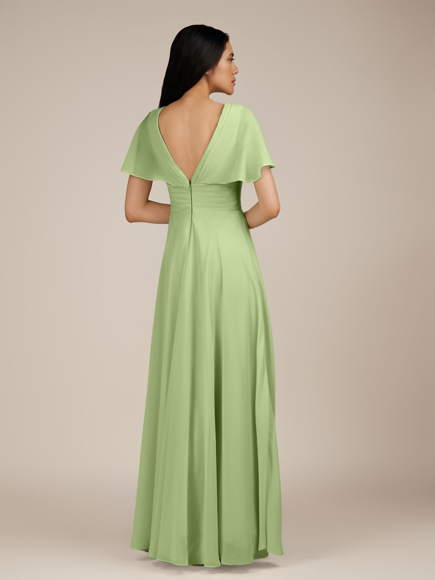 KissDress-Jasper Matcha A Line Chiffon Cap Sleeves V Neck Long Bridesmaid Dress with Pleats