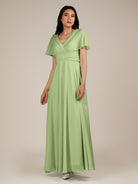 KissDress-Jasper Matcha A Line Chiffon Cap Sleeves V Neck Long Bridesmaid Dress with Pleats